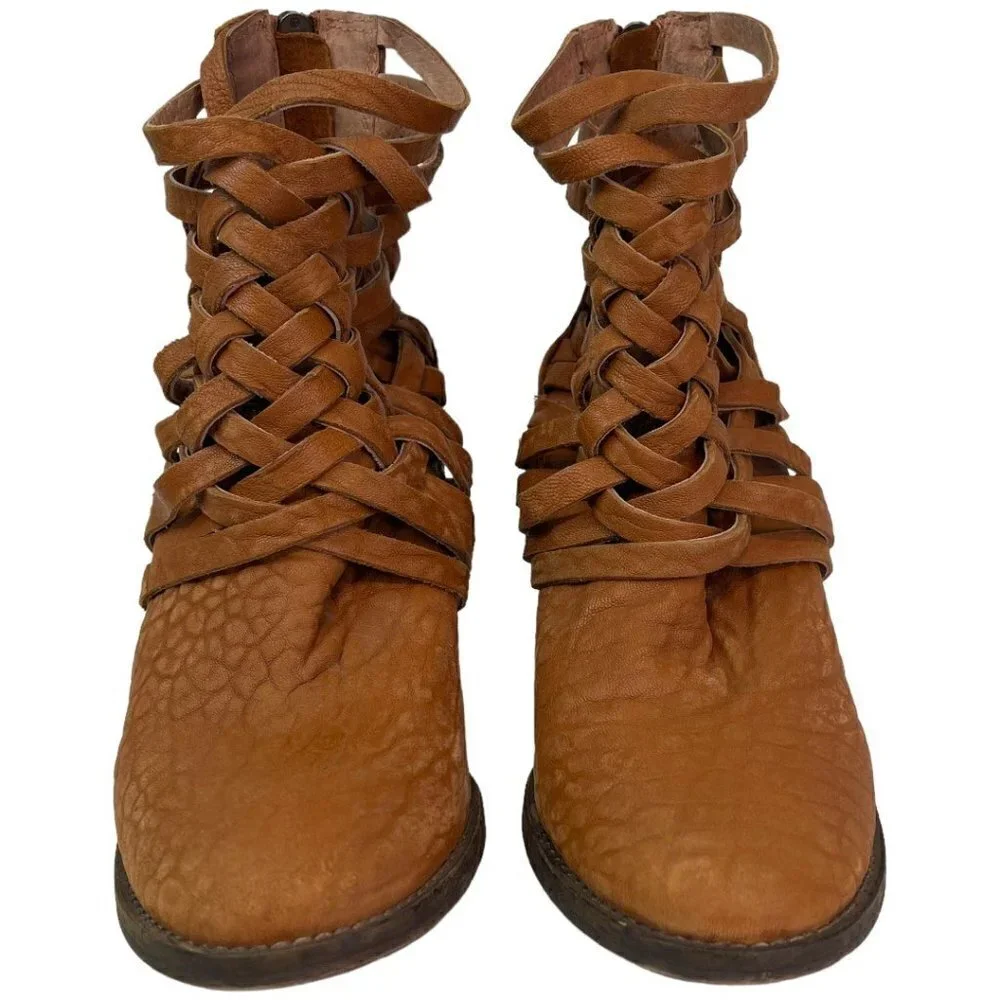 Free People Womens Carrera Braided Woven Leather Boot EU 39 Vintage Tan Distress